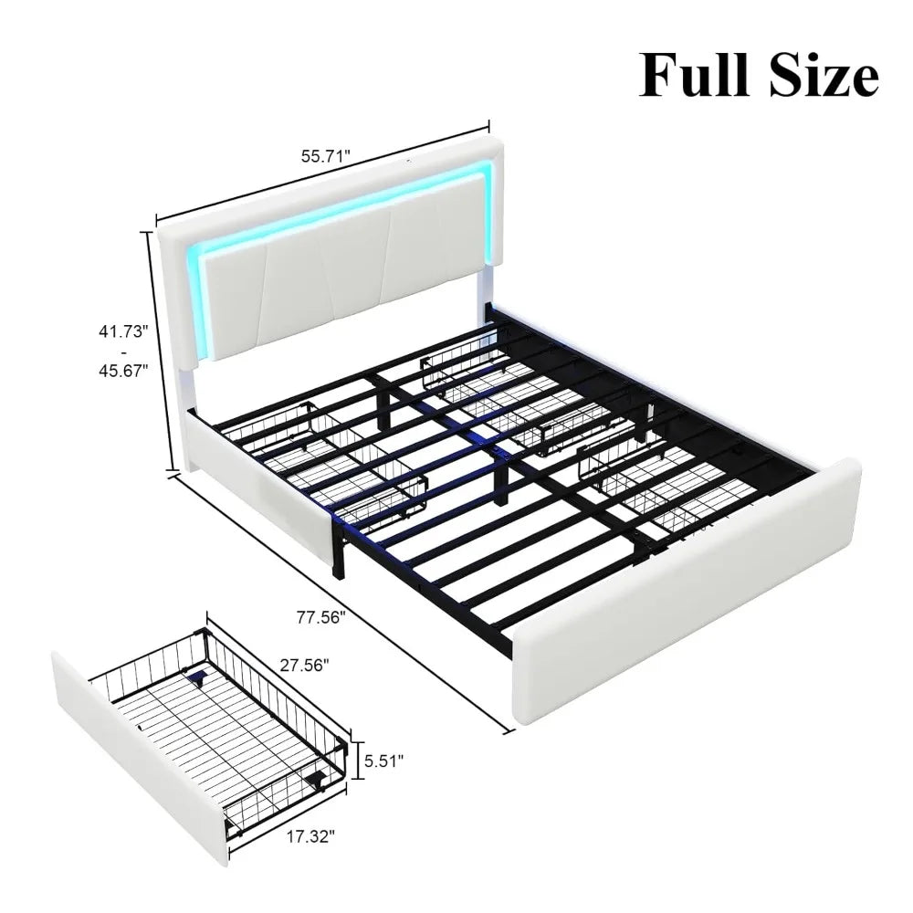 Full Size Metal Bed Frame with 4 Storage Drawers Adjustable Headboard Built-in Charging