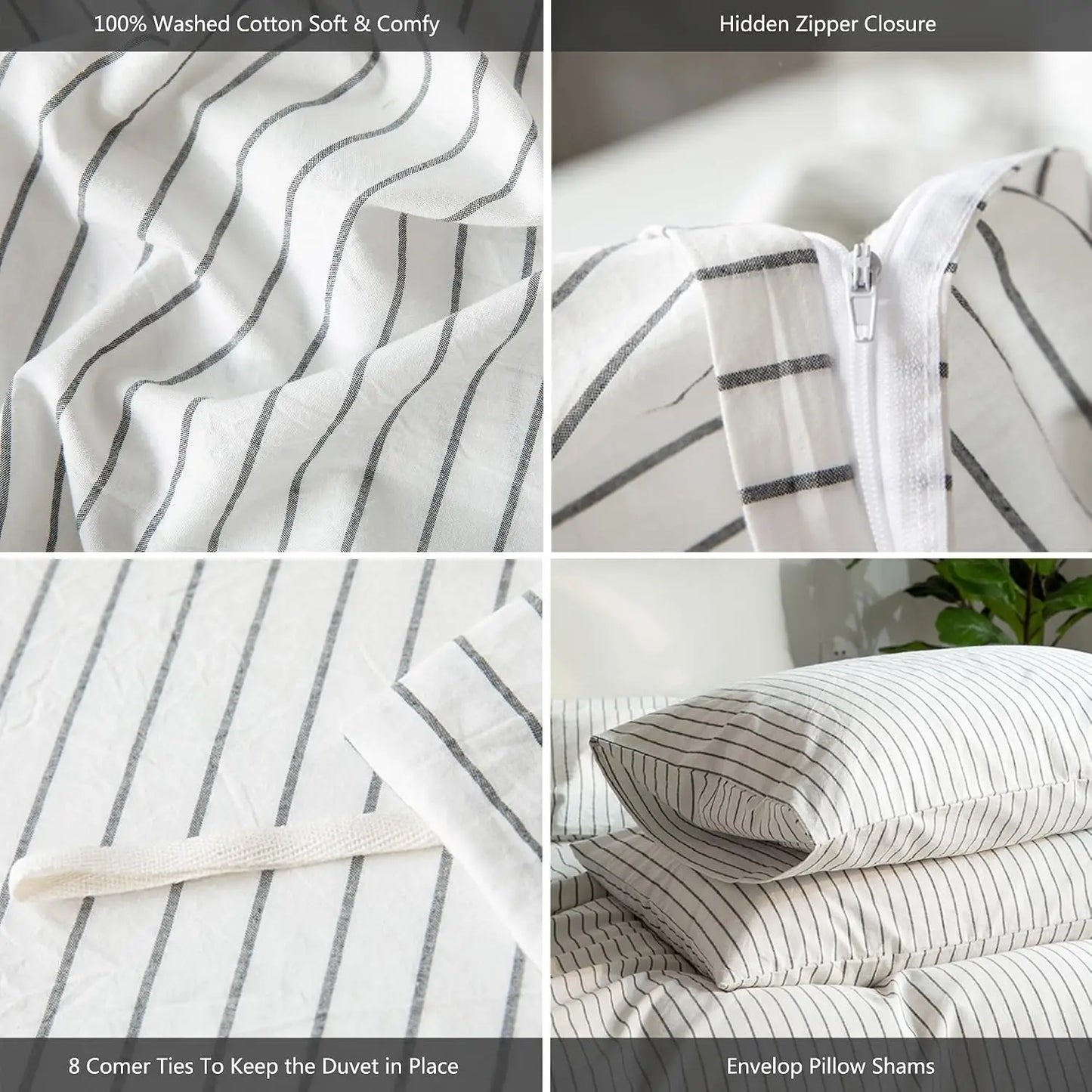 Duvet Cover Set Washed Cotton Linen Textured Stripes