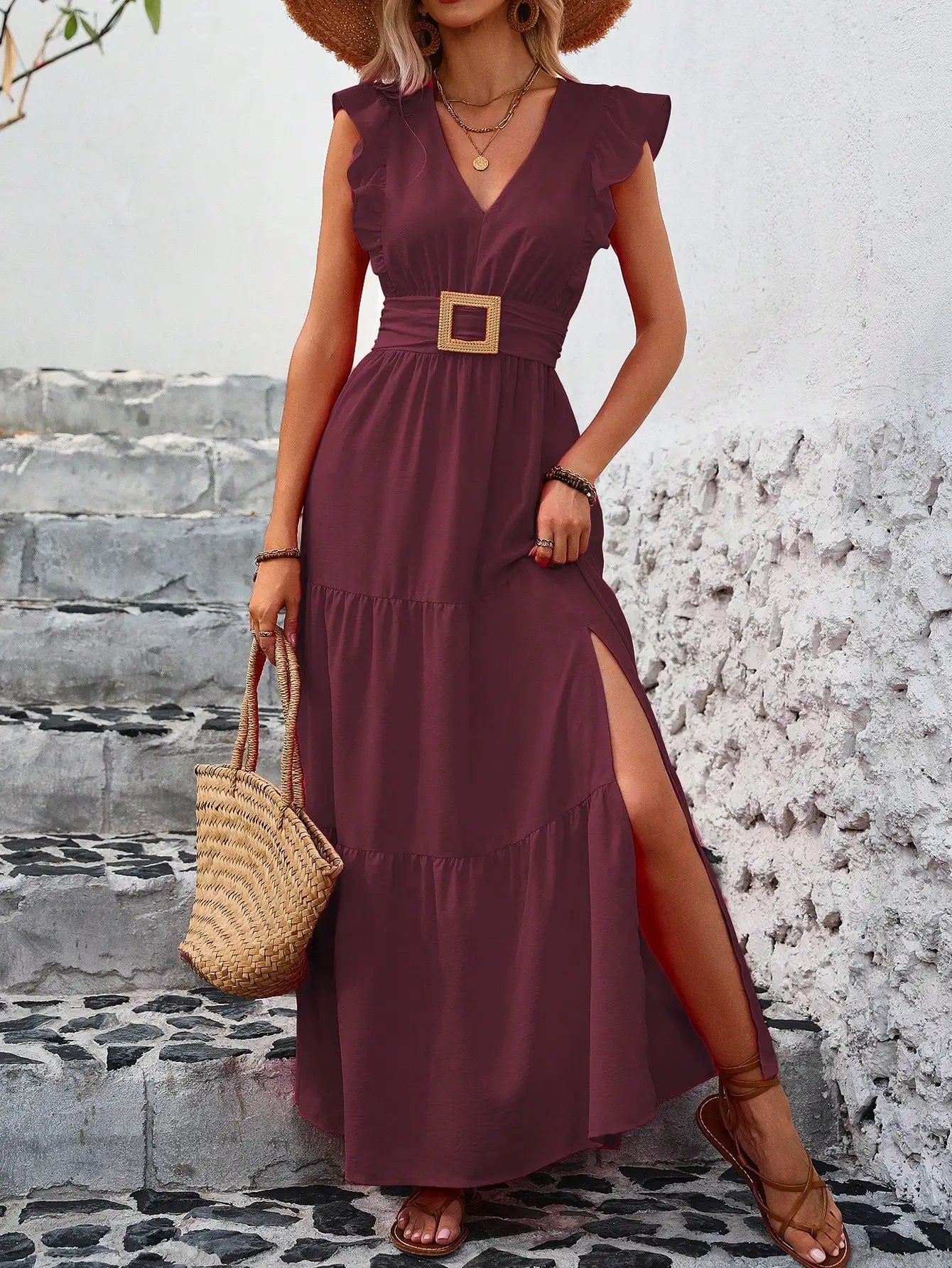 Chiffon Maxi Dress With Ruffle Trim And High Slit For Women