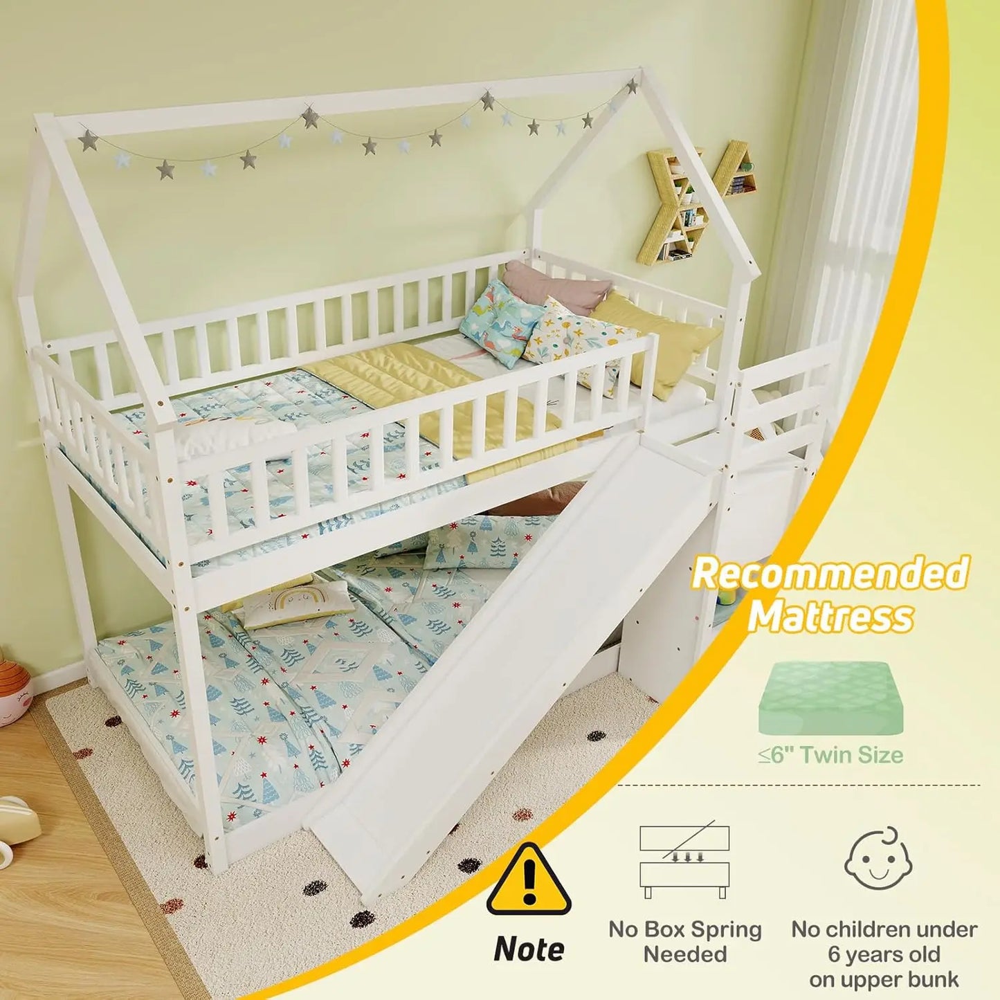 Wood Twin Over Twin House  Bunk Bed with Slide & Staircase