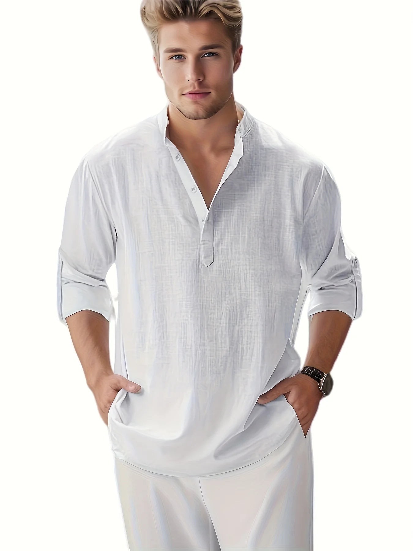 Men's Cotton Linen Stand Collar Long Sleeve Shirt Loose Fit