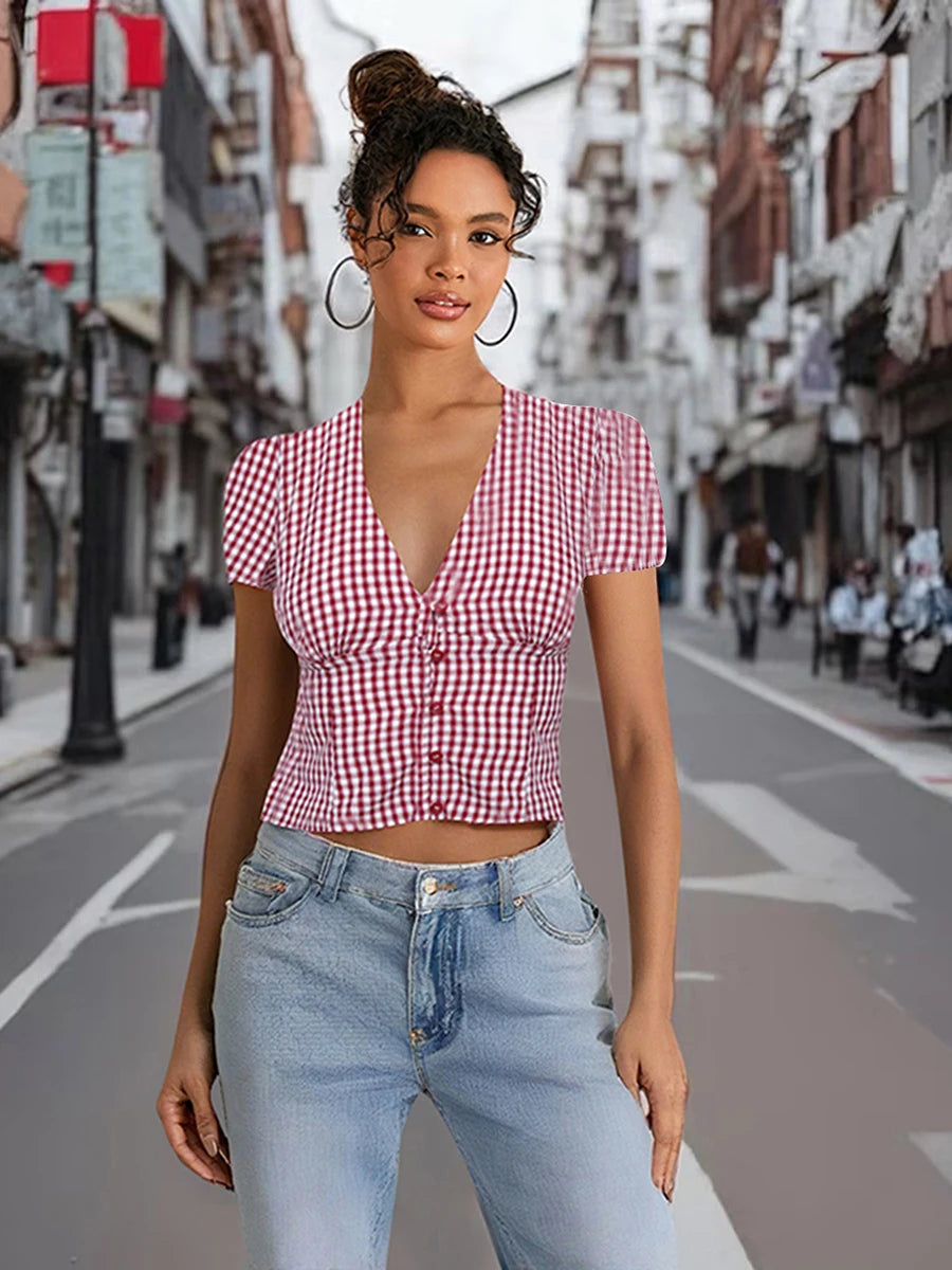 Checkered Print Blouse Crop Top