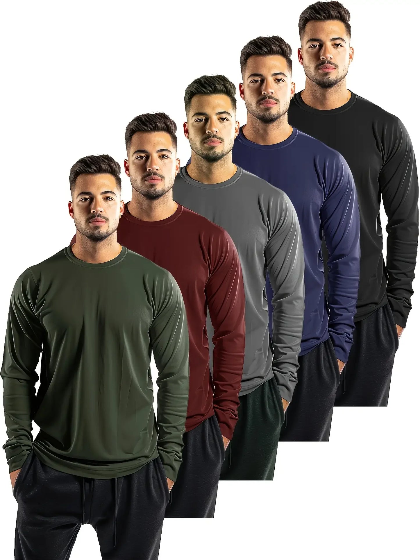 Winthunder Mens Solid Round Neck Long Sleeve T Shirt