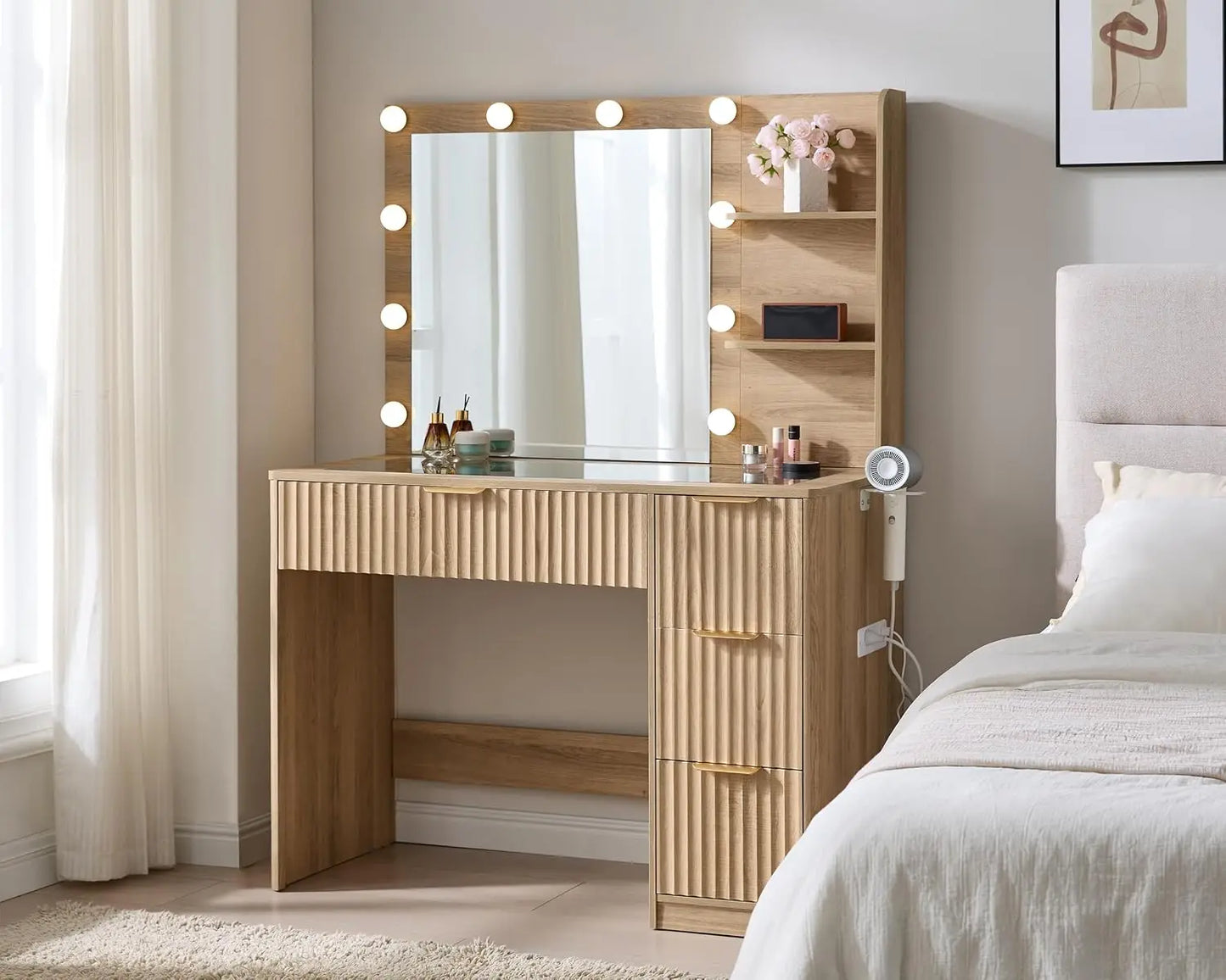 Fluted Vanity Desk With Mirror And Adjustable LED Lights