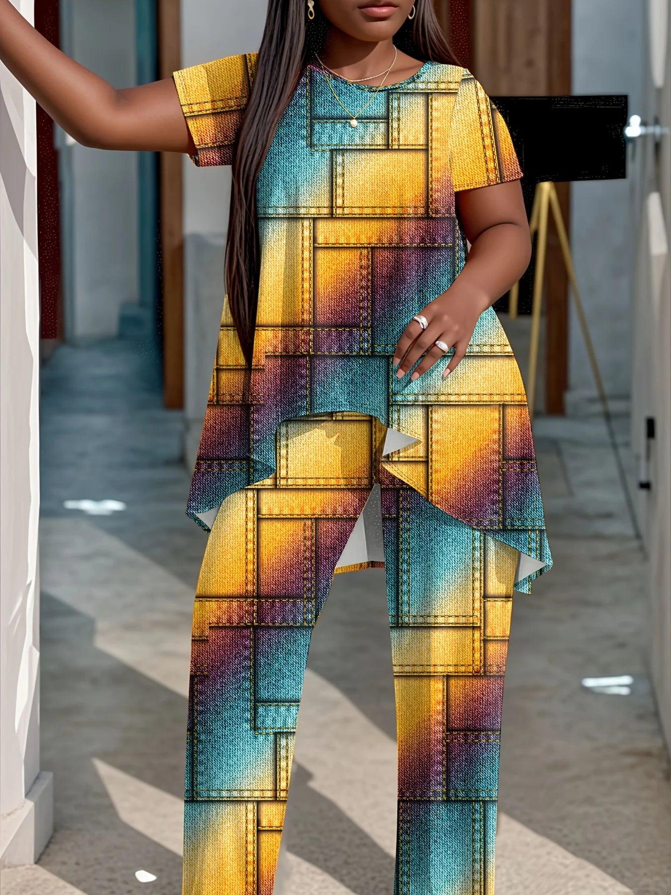 American Fashion 2 Piece Set Short Sleeve Crew Neck Top