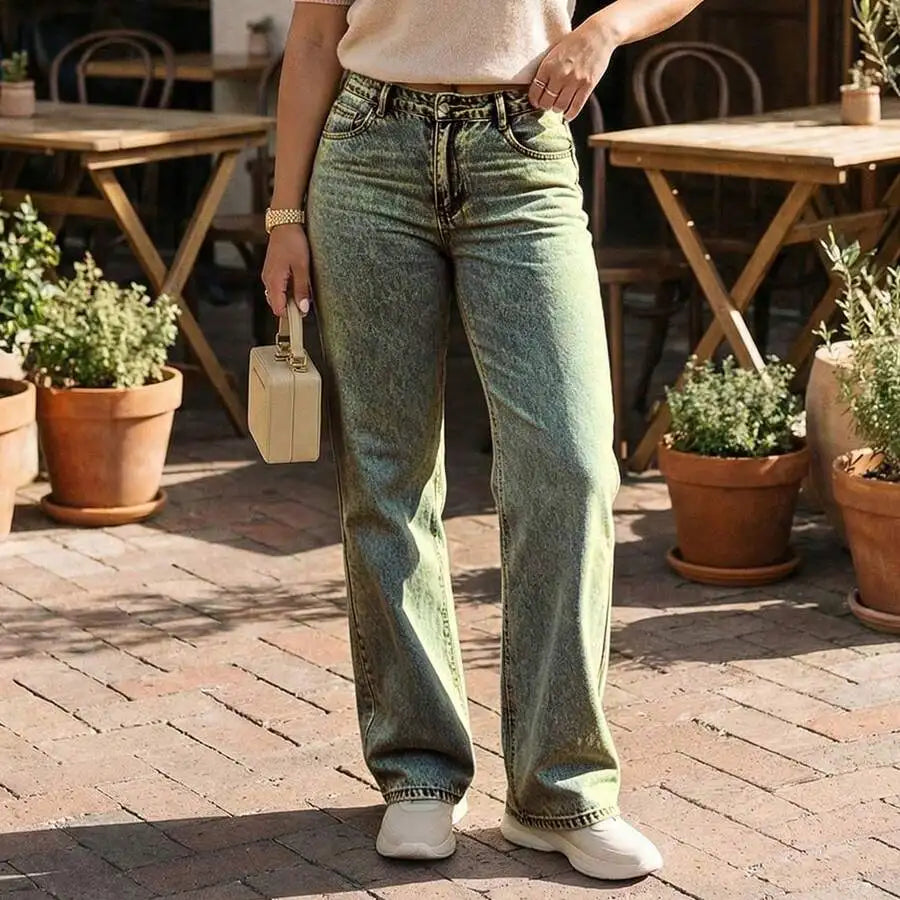 Women's Mid Rise Straight Leg Denim Jeans Loose Fit
