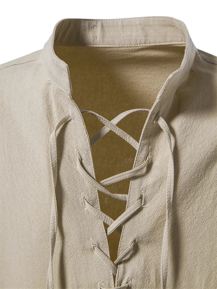 Mens Retro Long Sleeve Shirt Lace Up Medieval Viking Costume