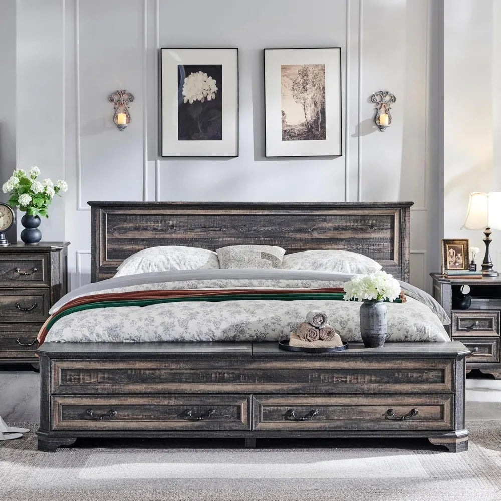 Farmhouse King Bed with Headboard and Storage Bench