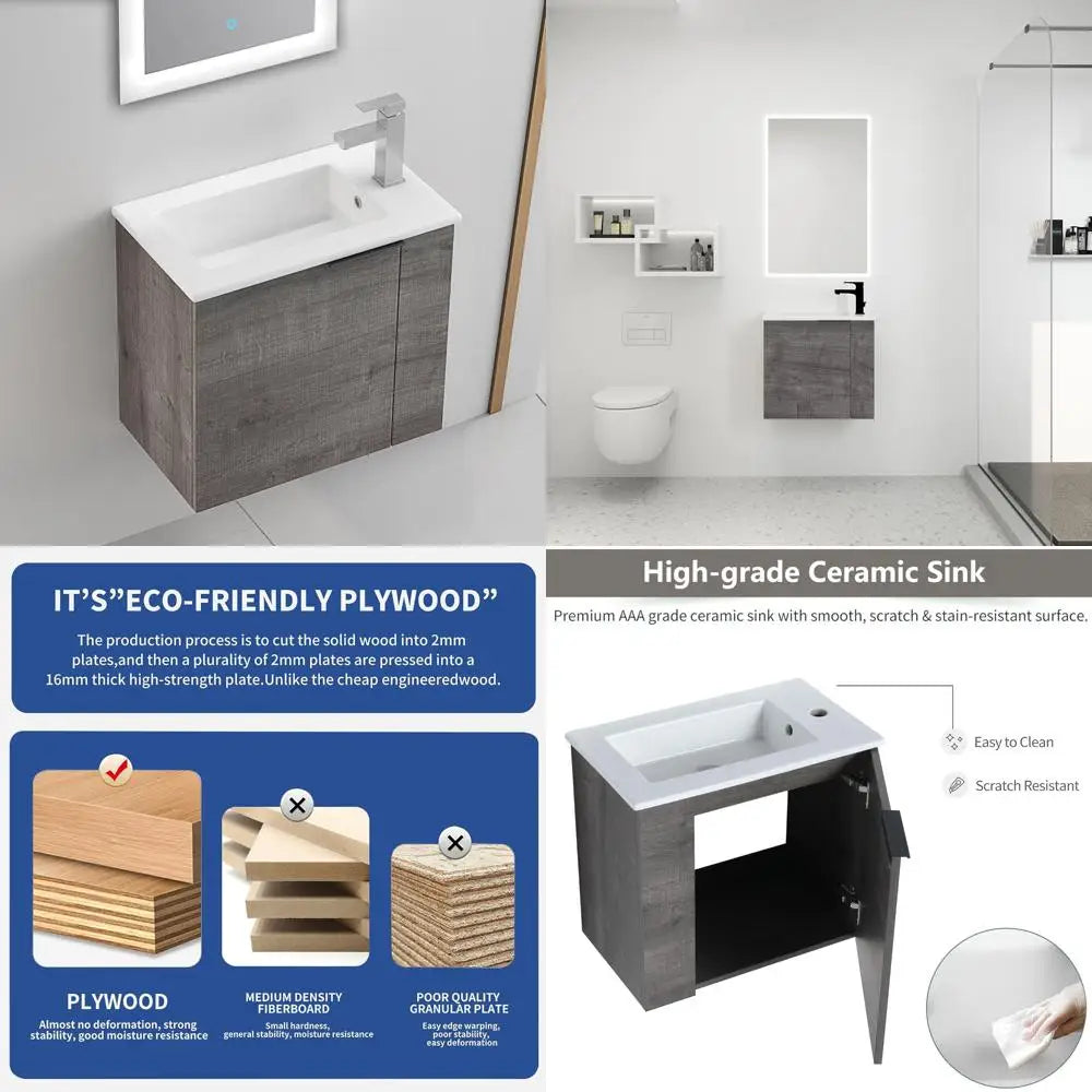 Modern Wall Mounted Vanity With Ceramic Basin In Engineered Wood