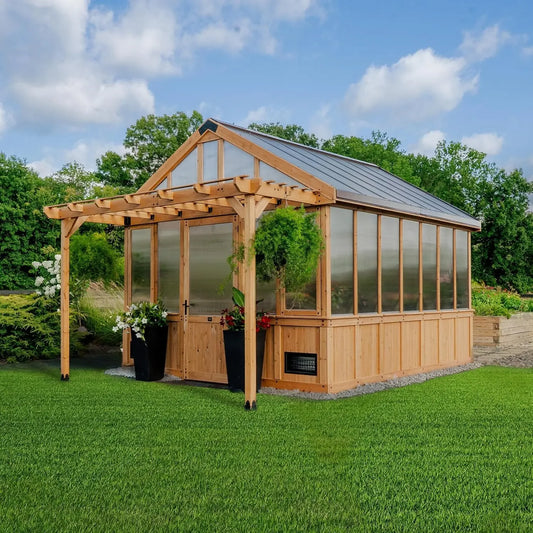 Cedar Walk-In Greenhouse Kit With Pergola Exhaust Fan Windows