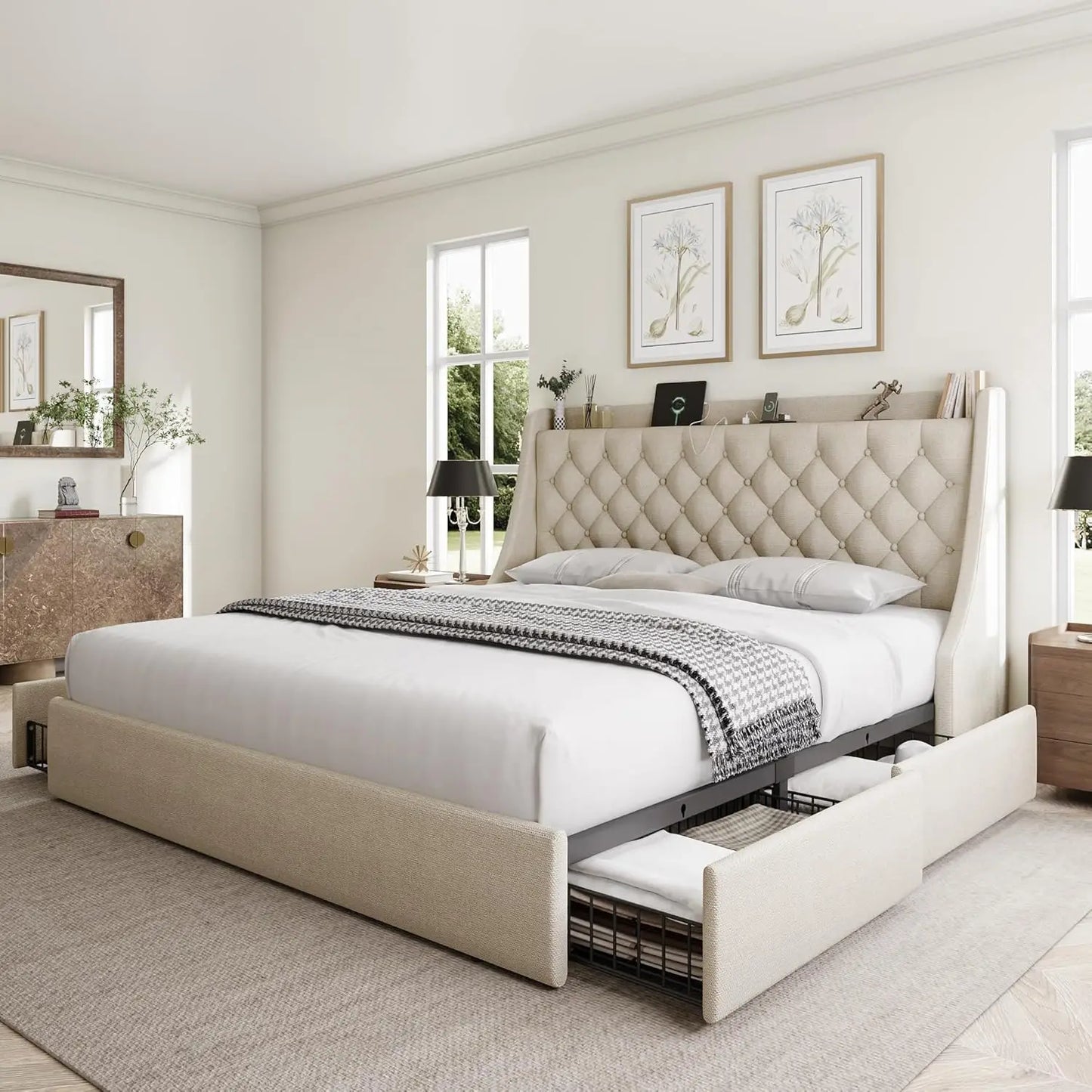 King Size Bed Frame with 4 Storage Drawers, Upholstered Wingback Headboard, Fast Charging Station