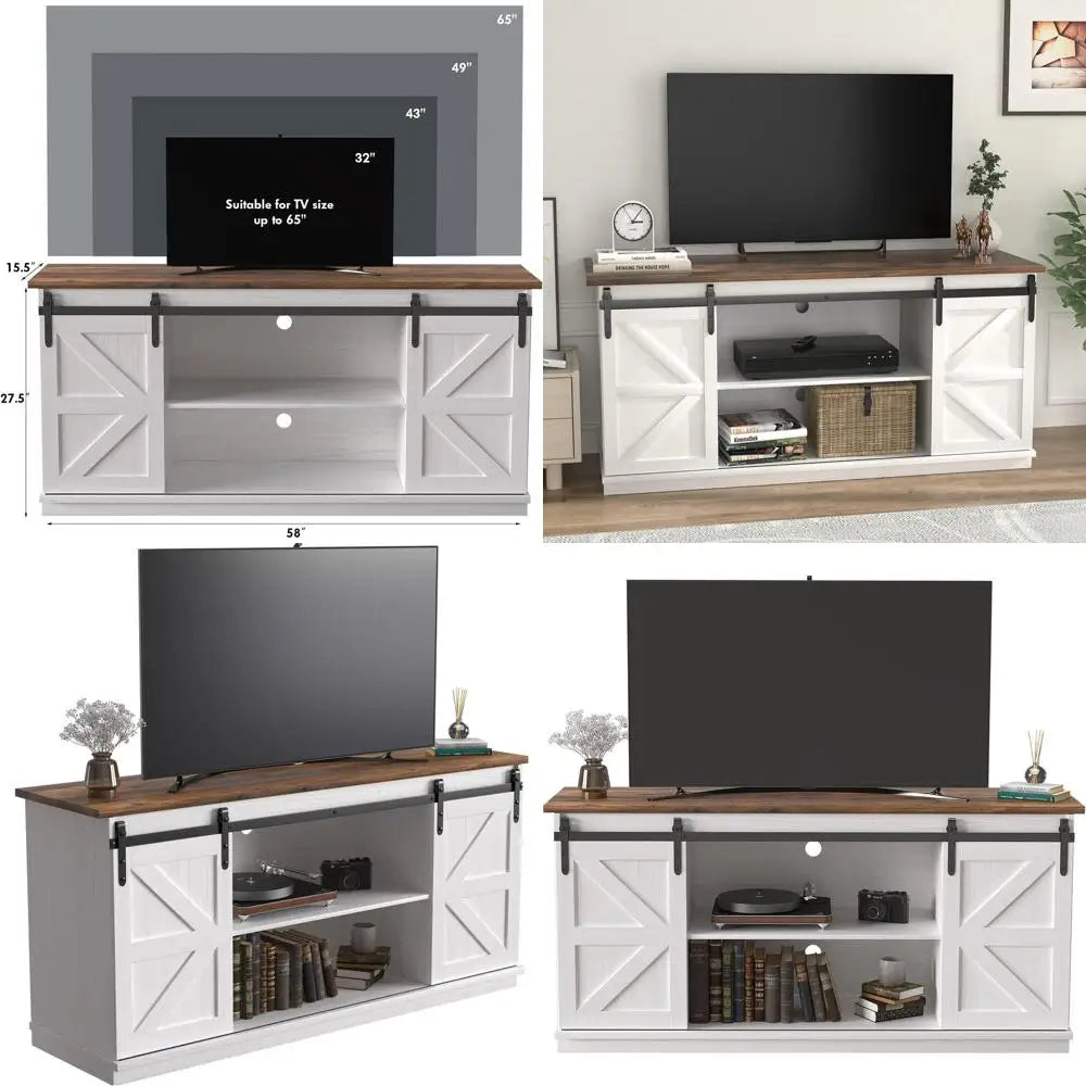 65 Inch TV Stand with Storage Cabinets and Sliding Barn Doors
