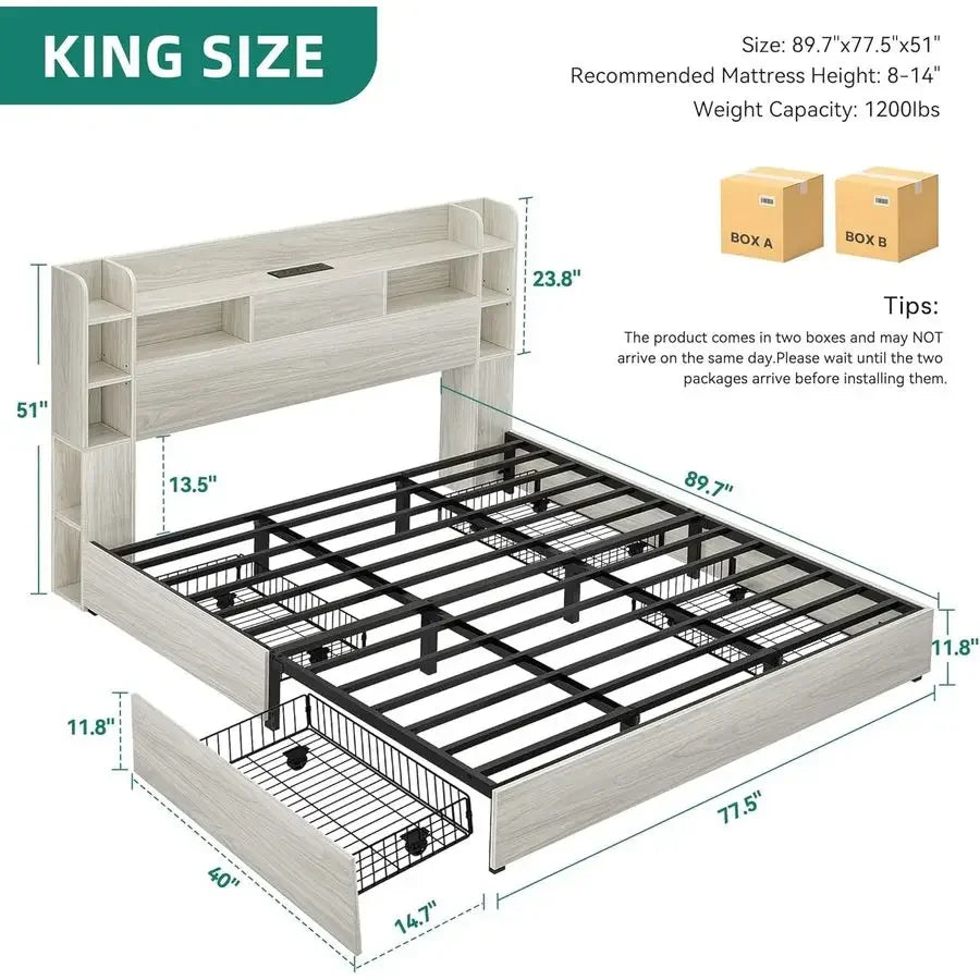 Storage Bookcase Headboard Bed Frame With 4 Drawers