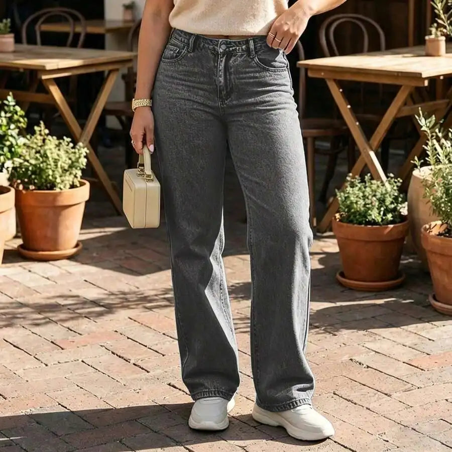 Women's Mid Rise Straight Leg Denim Jeans Loose Fit