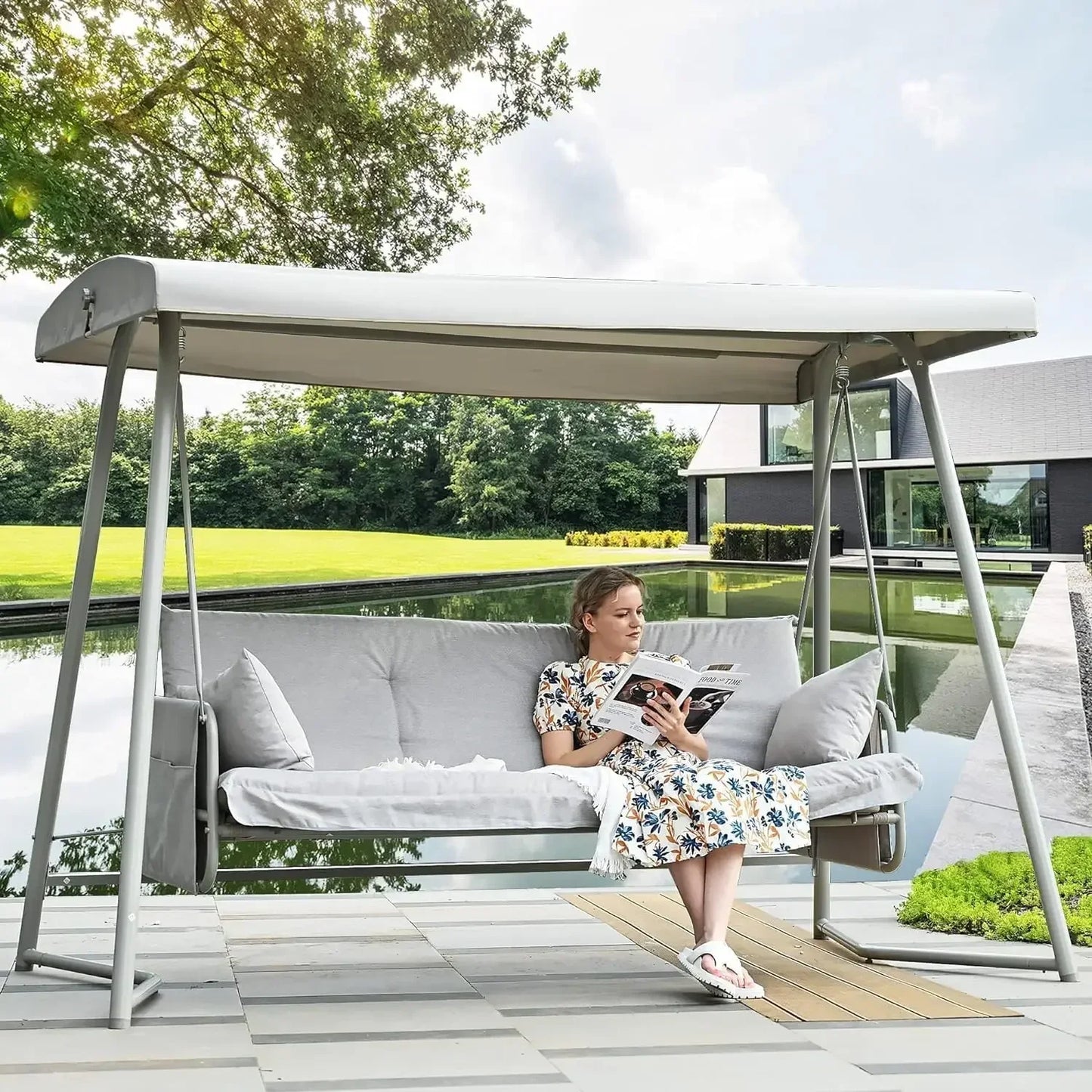 XMSJ 3 To 4 Seat Porch Swing 2in1 Outdoor Bed With Adjustable Backrest