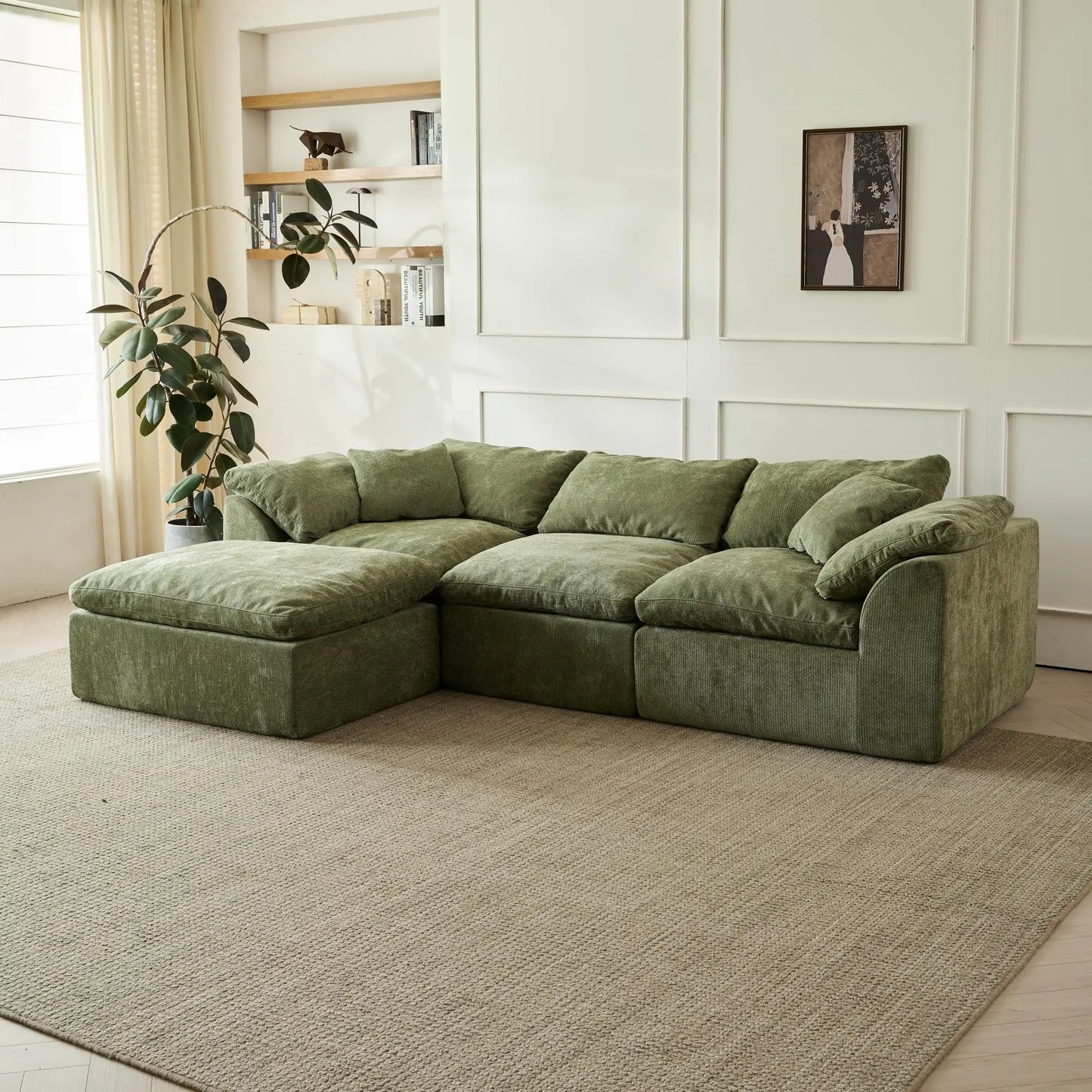 Chenille L Shaped Sofa With Ottoman Modern Living Room