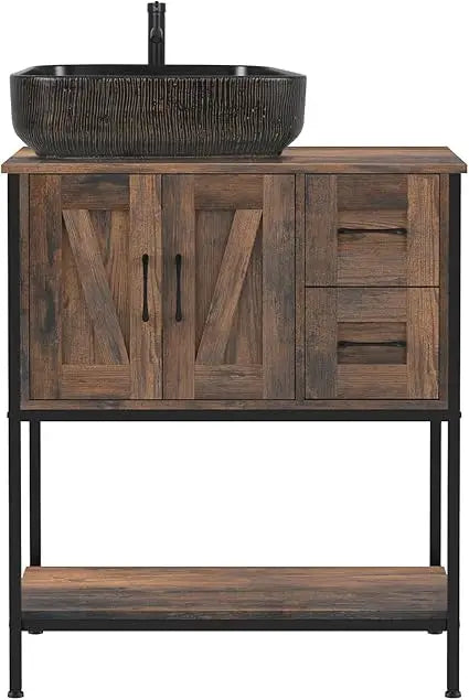 Rustic Farmhouse Vanity Set With Ceramic Sink And Wood Cabinet