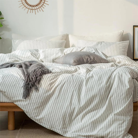 Duvet Cover Set Washed Cotton Linen Textured Stripes