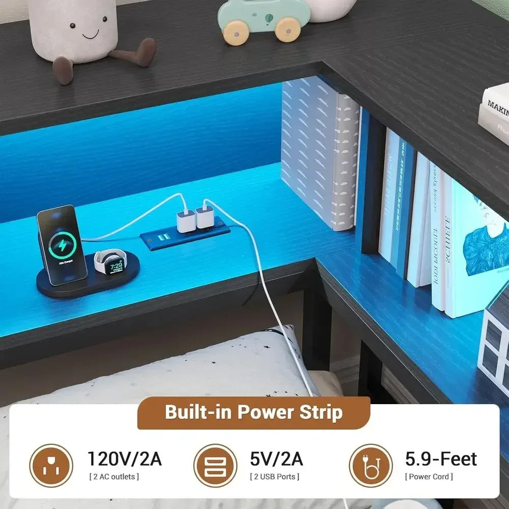Metal Platform Bed With Storage Drawers Bookcase Charging Station LED