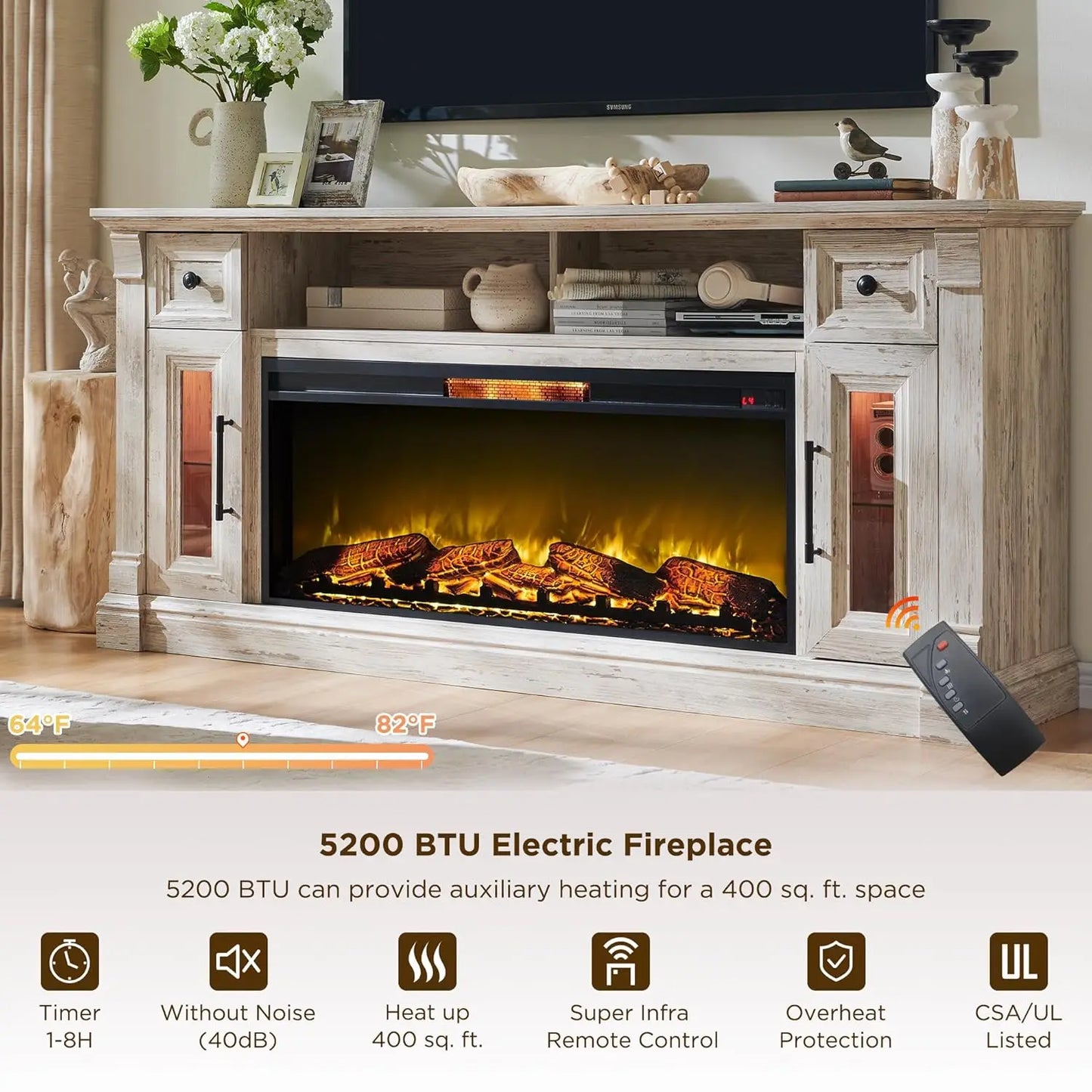 Farmhouse Entertainment Center With Electric Fireplace And LED Lights