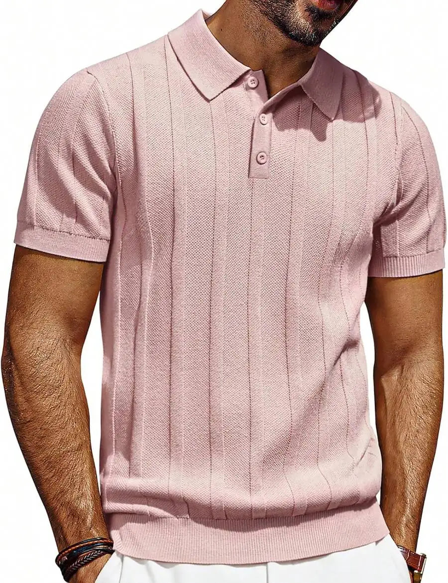 Men's Short Sleeve Textured Knit Shirt Ribbed Golf Top