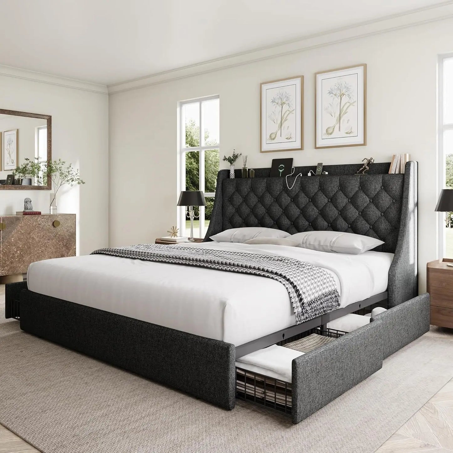 King Size Bed Frame with 4 Storage Drawers, Upholstered Wingback Headboard, Fast Charging Station
