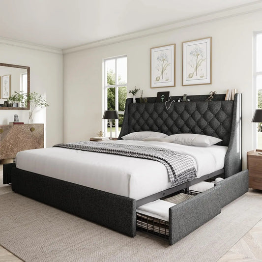 King Size Bed Frame with 4 Storage Drawers, Upholstered Wingback Headboard, Fast Charging Station