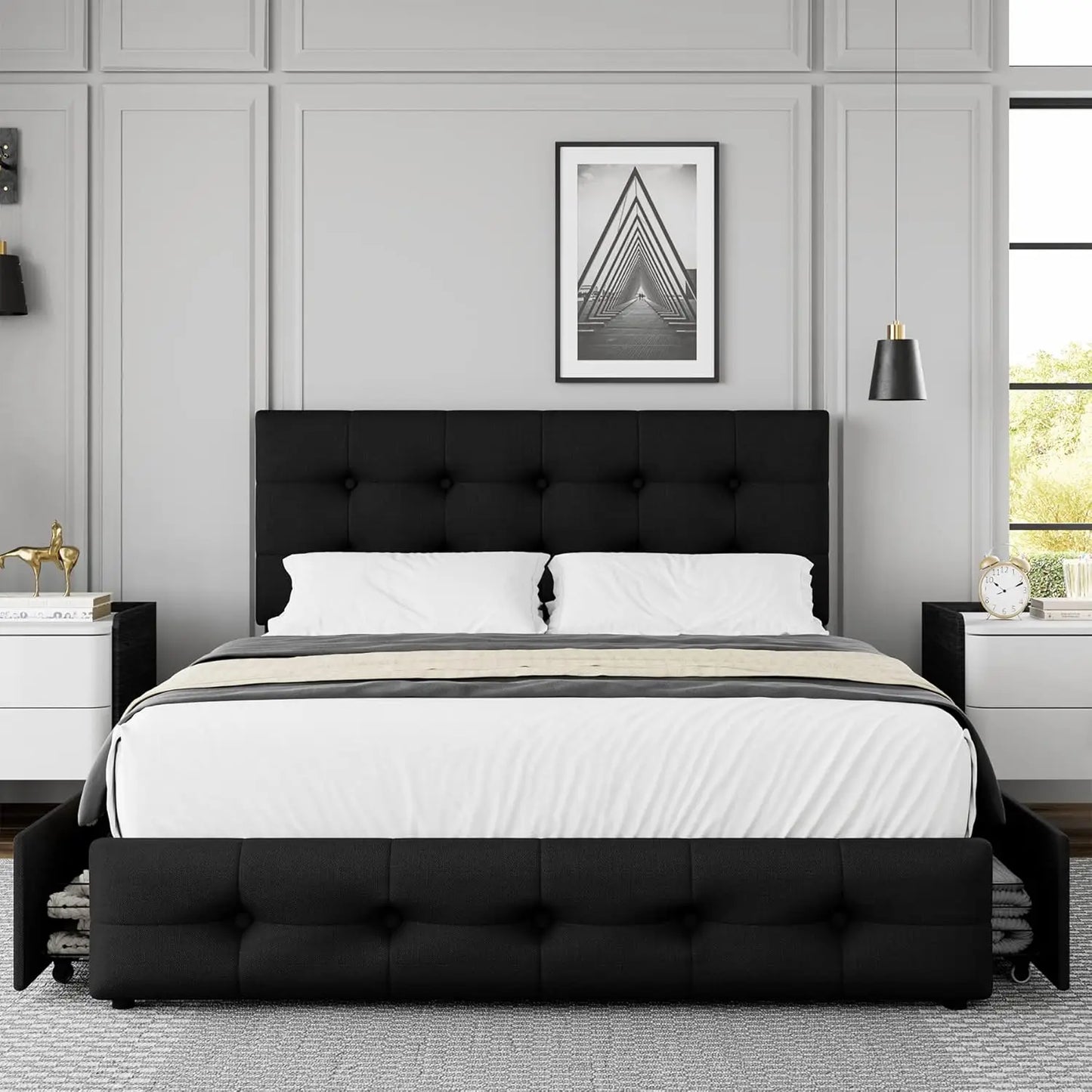 Full Size Bed Frame with 4 Storage Drawers and Adjustable Headboard