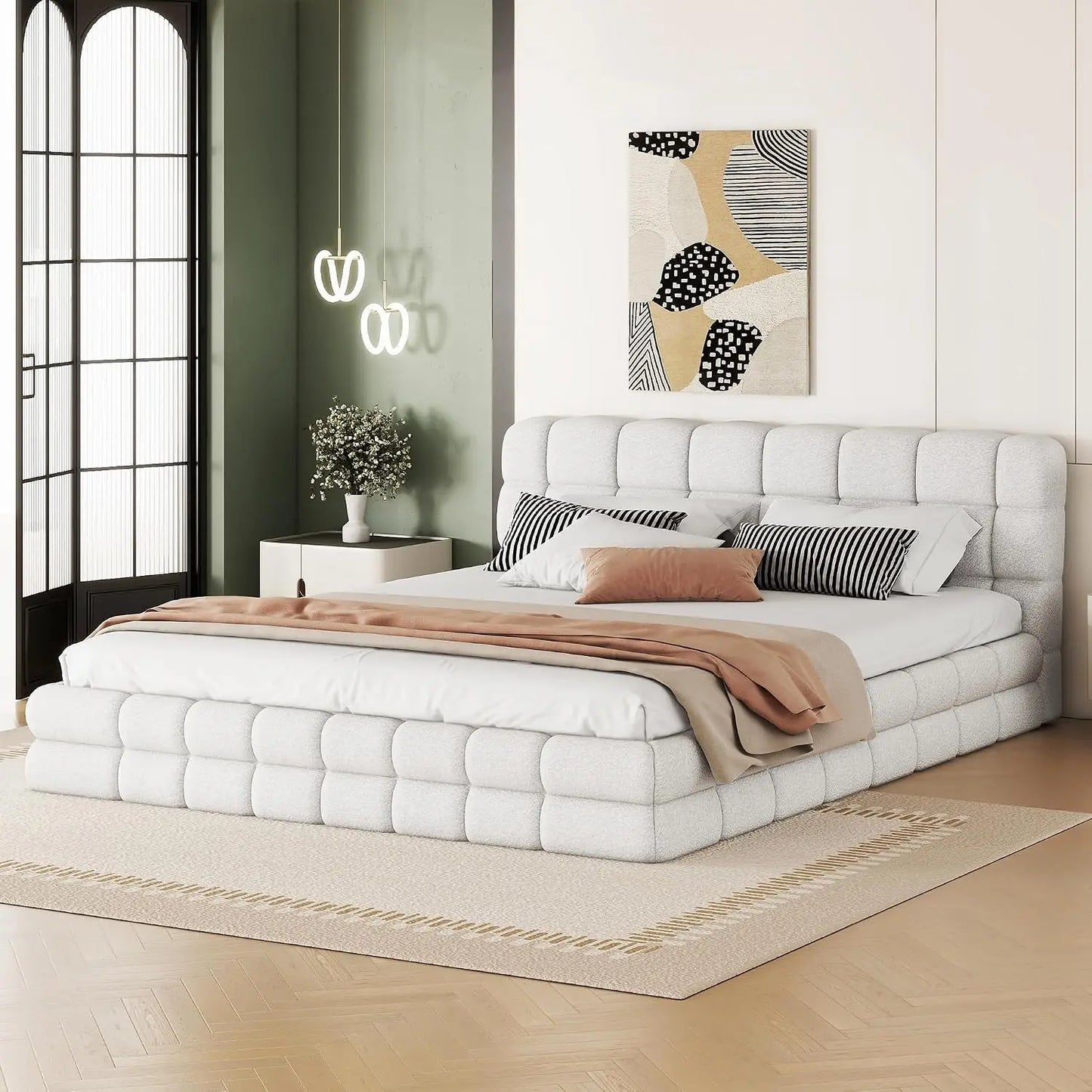 Custom Chenille Upholstered Platform Bed Frame With Cloud Soft Headboard