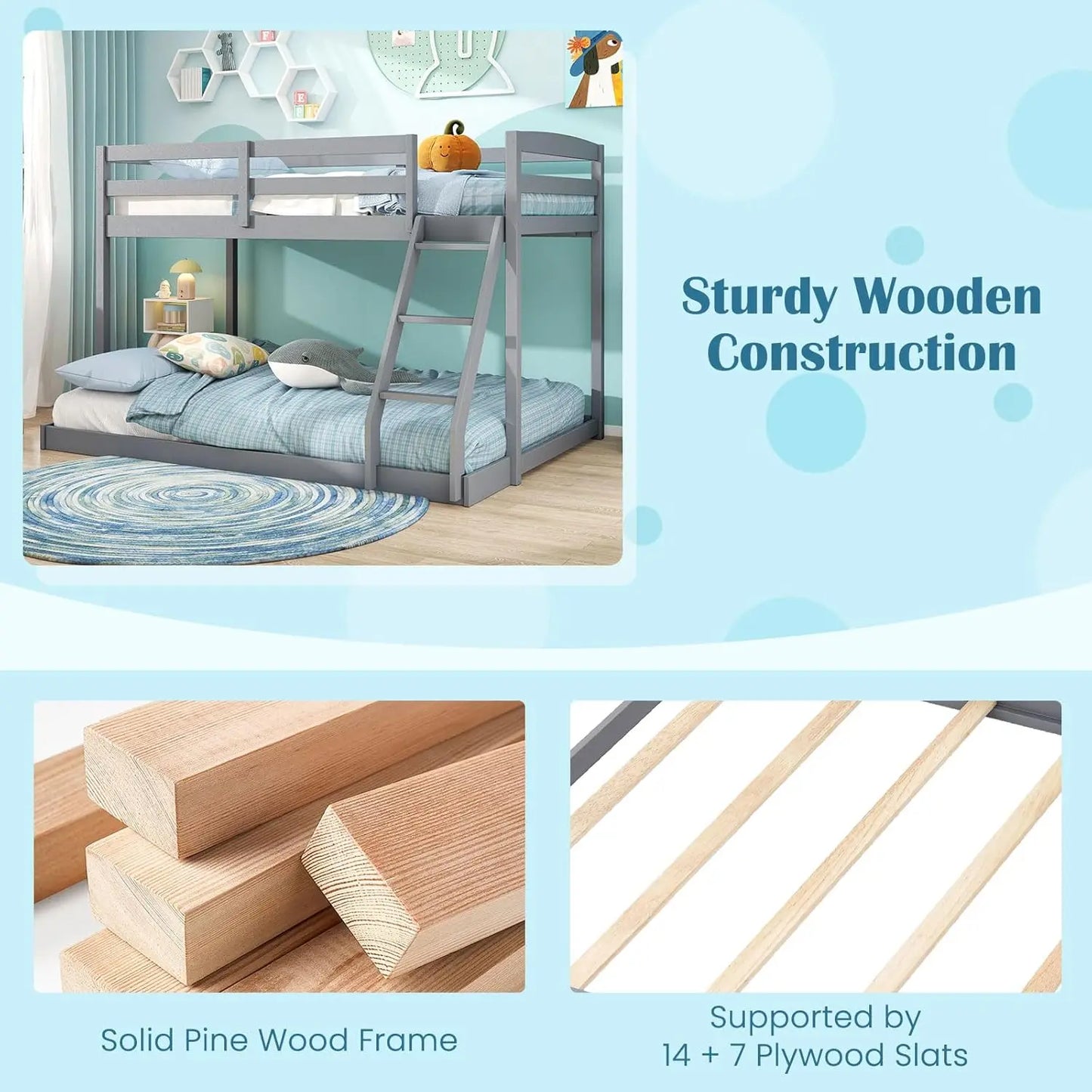 Twin Over Full Bunk Bed, Solid Wood Kids Bunk Bed with Full-Length Guardrails & Ladder
