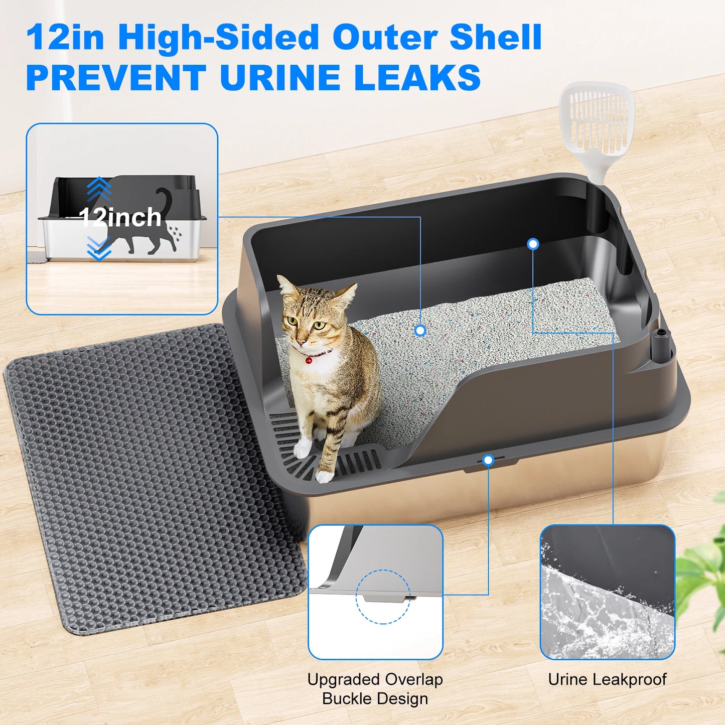 Stainless Steel Litter Box With Semi Closed Lid Splash Proof