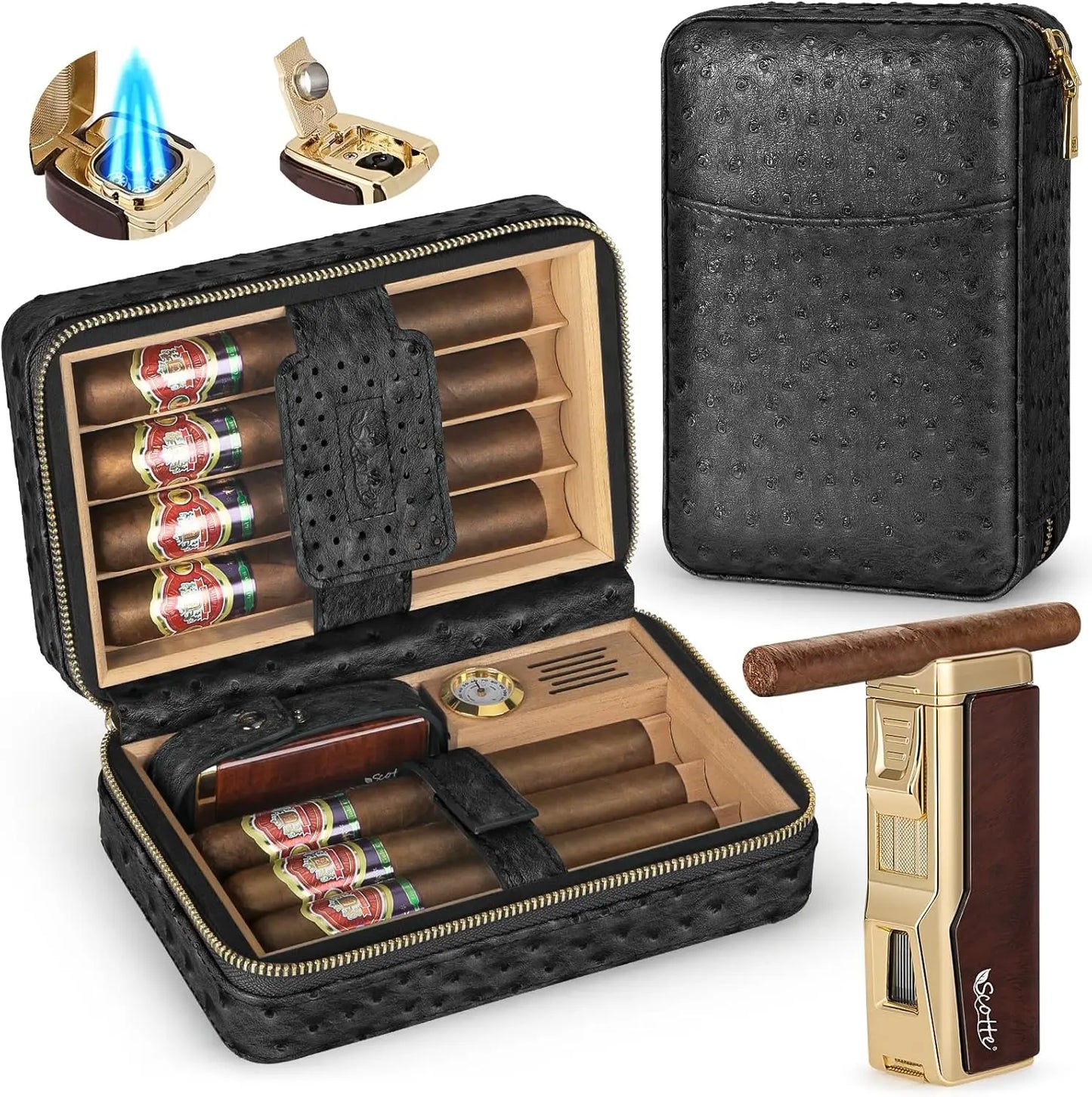 Tesonway Portable Cigar Humidor Leather Case With Cedar Lining Hygrometer