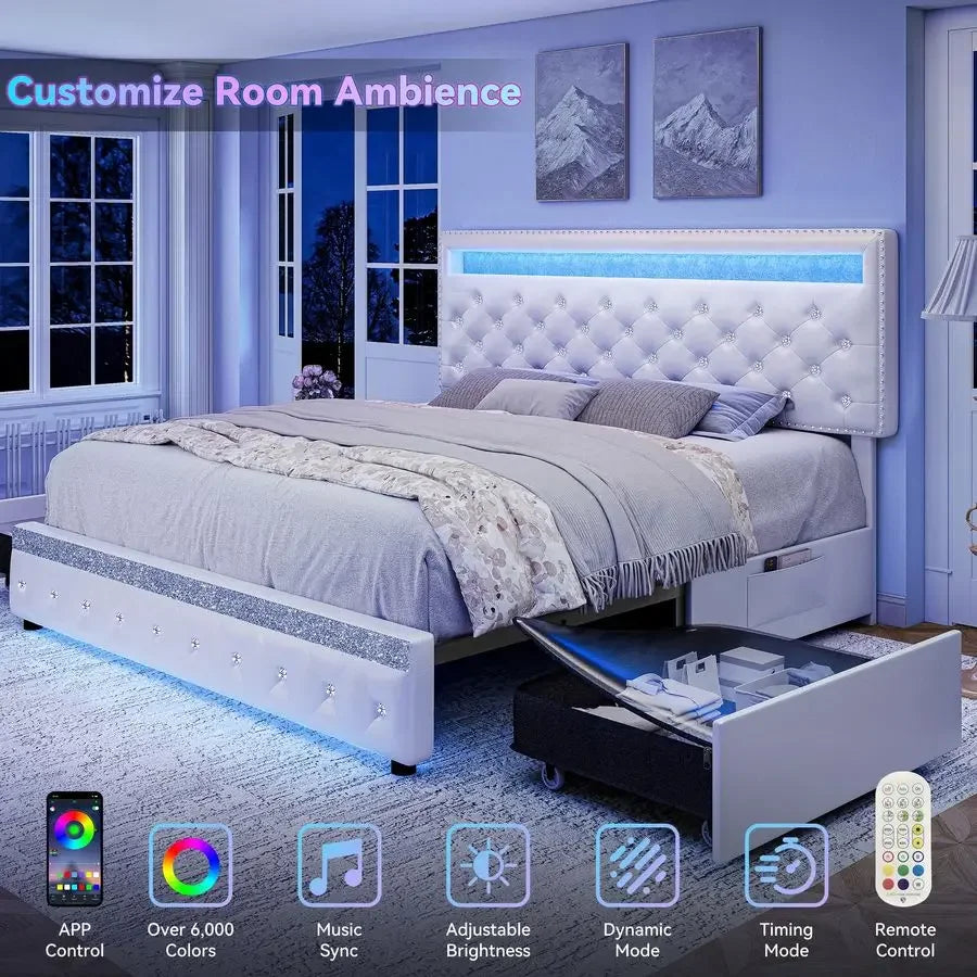 LED PU Upholstered Bed Frame With 2 Drawers Smart Lighting