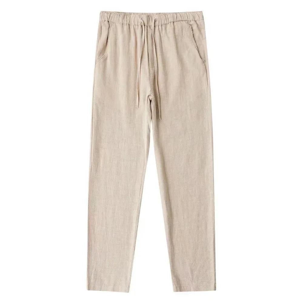 Men's Cotton Linen Pants Autumn Breathable Flat Front Trousers