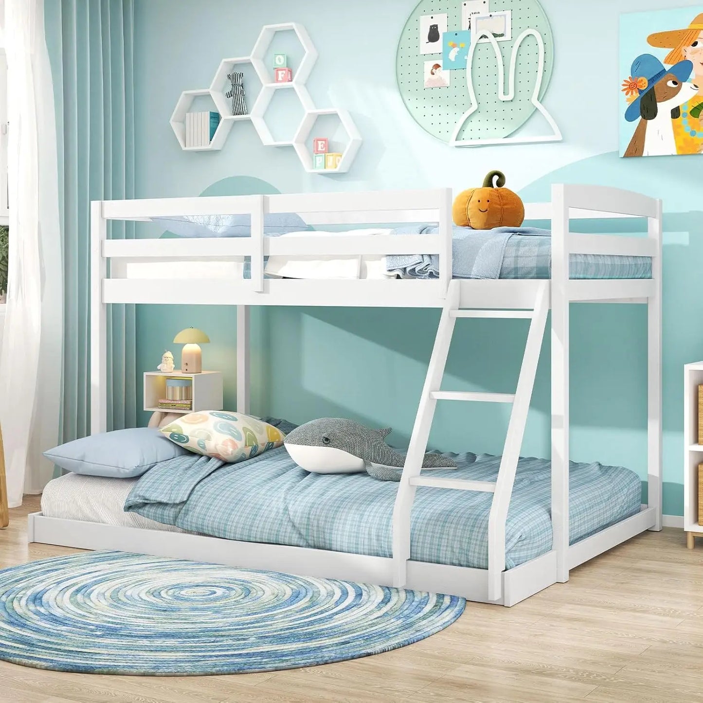 Twin Over Full Bunk Bed, Solid Wood Kids Bunk Bed with Full-Length Guardrails & Ladder