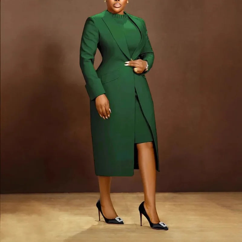 Full Sleeve Long Blazer Coat+ Long Dress Suit Two 2 Piece Set
