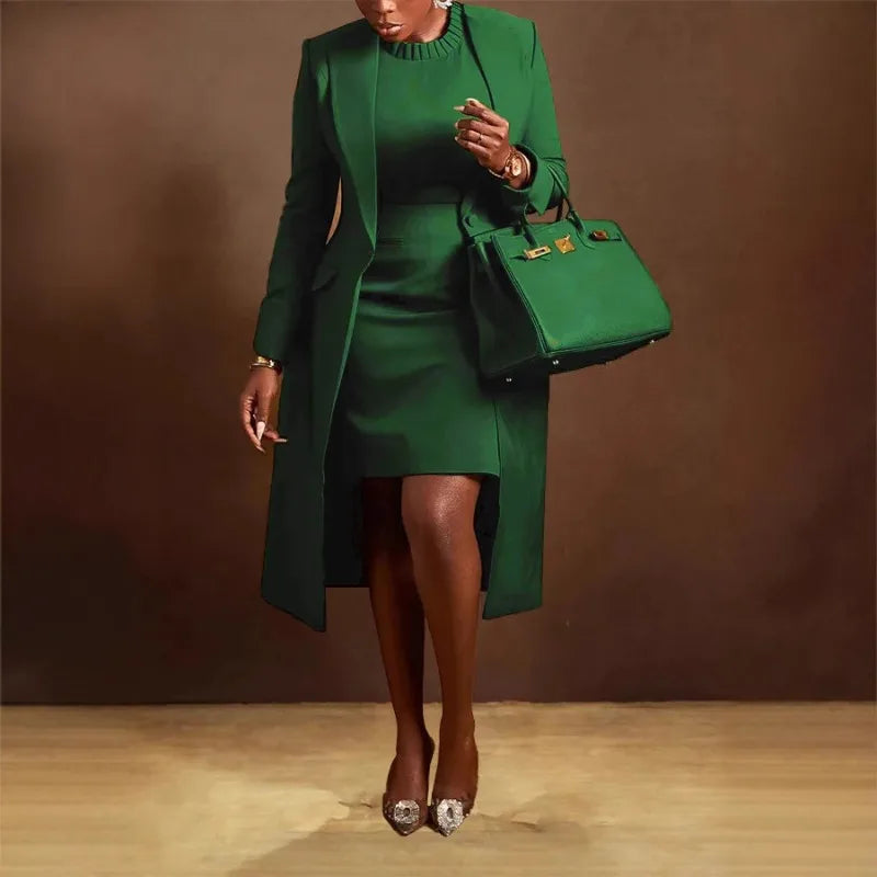 Full Sleeve Long Blazer Coat+ Long Dress Suit Two 2 Piece Set