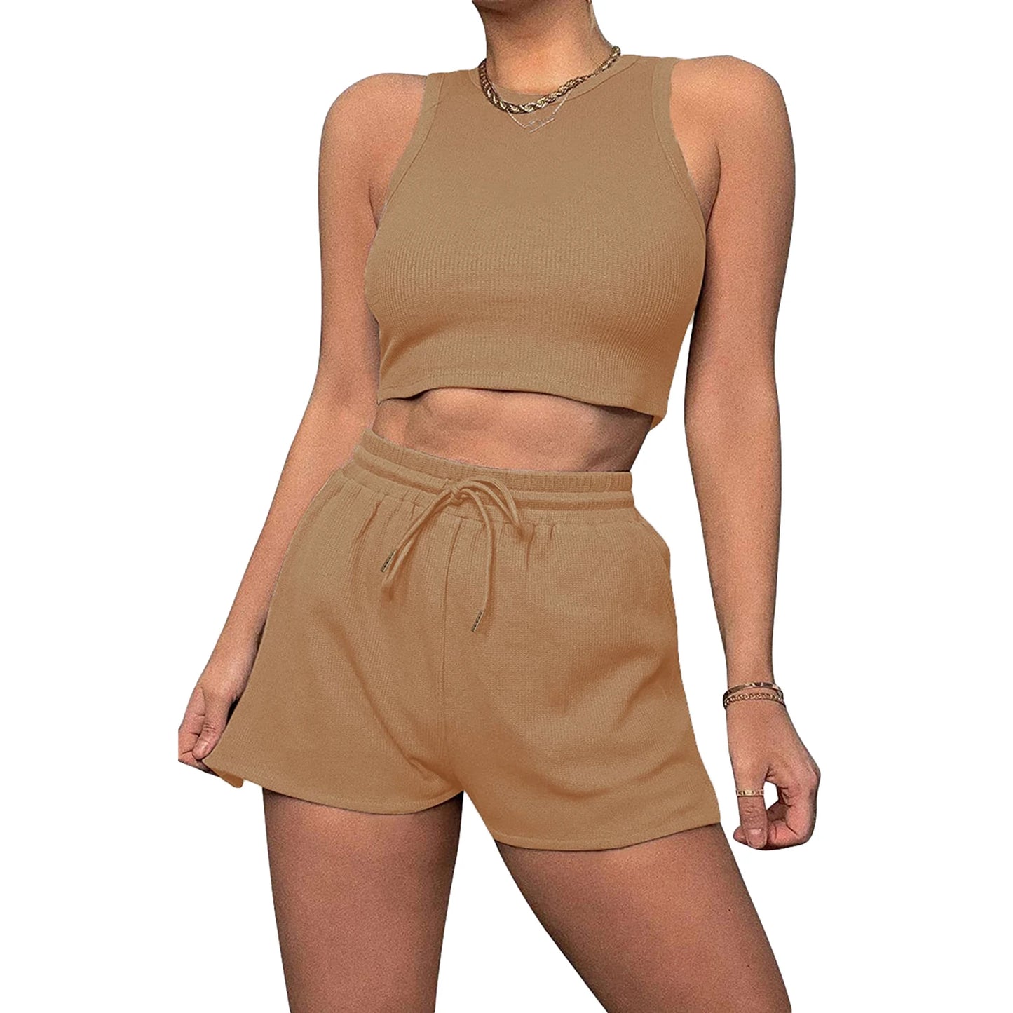 Hirigin Women's Waffle Sleeveless Tank Top Shorts Two Piece Set
