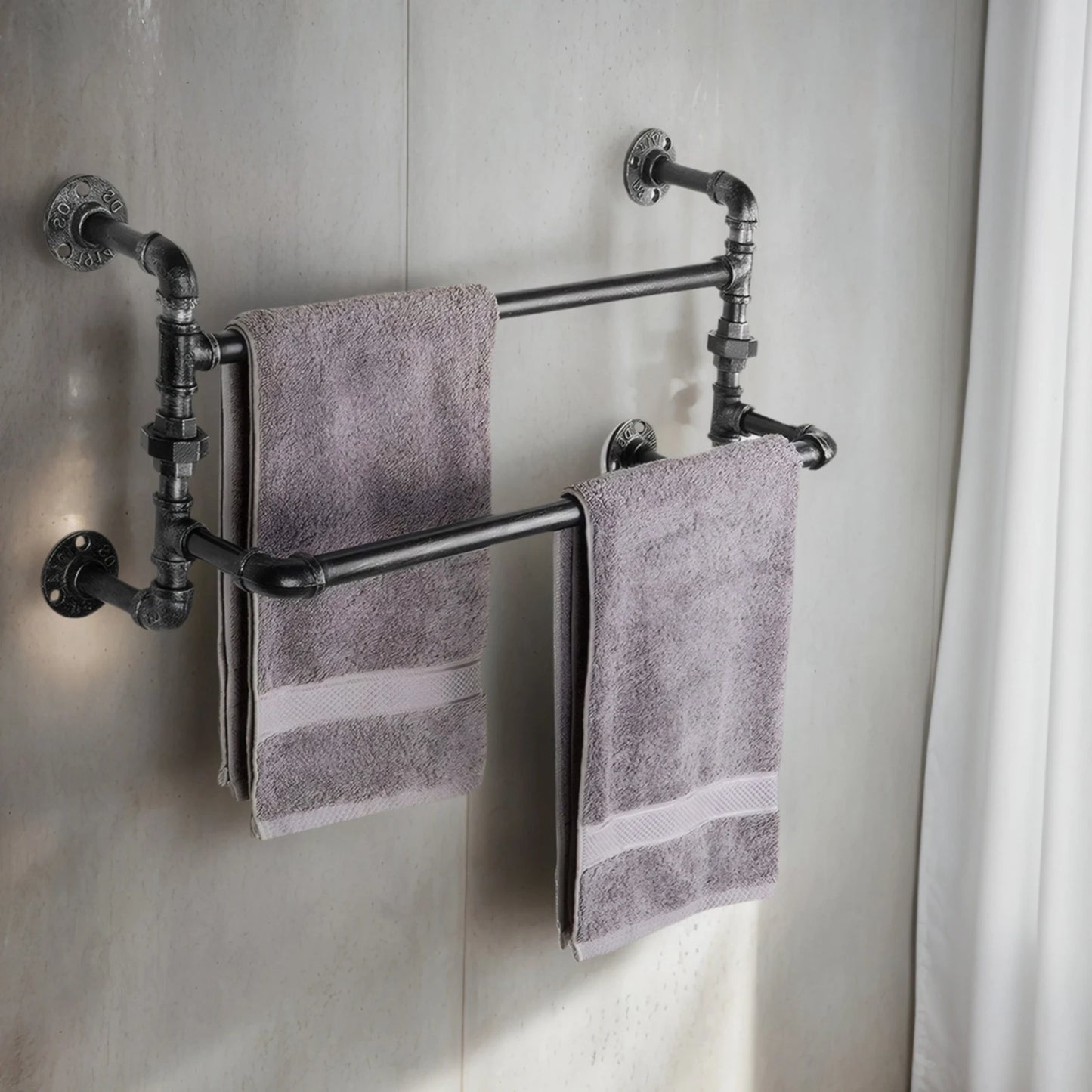 Vintage Industrial Wrought Iron Bathroom Towel Rack Wall Mount Organizer