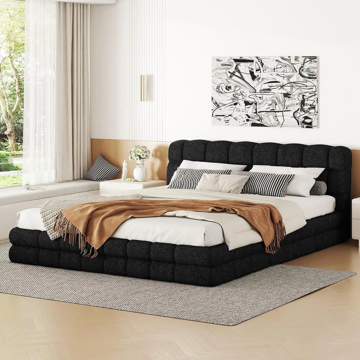 Custom Chenille Upholstered Platform Bed Frame With Cloud Soft Headboard