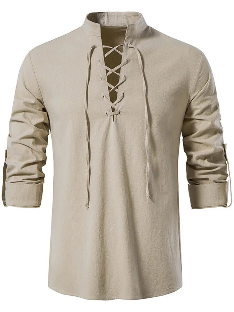 Mens Retro Long Sleeve Shirt Lace Up Medieval Viking Costume