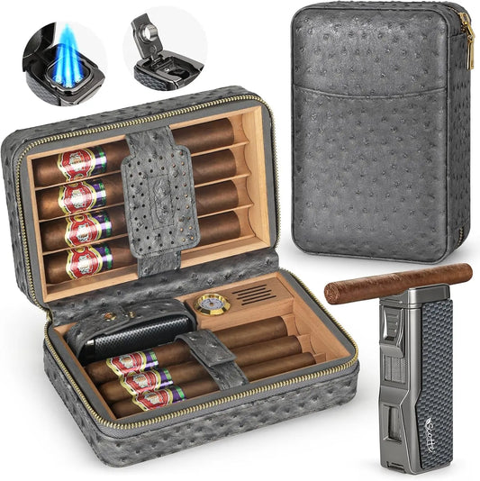 Tesonway Portable Cigar Humidor Leather Case With Cedar Lining Hygrometer