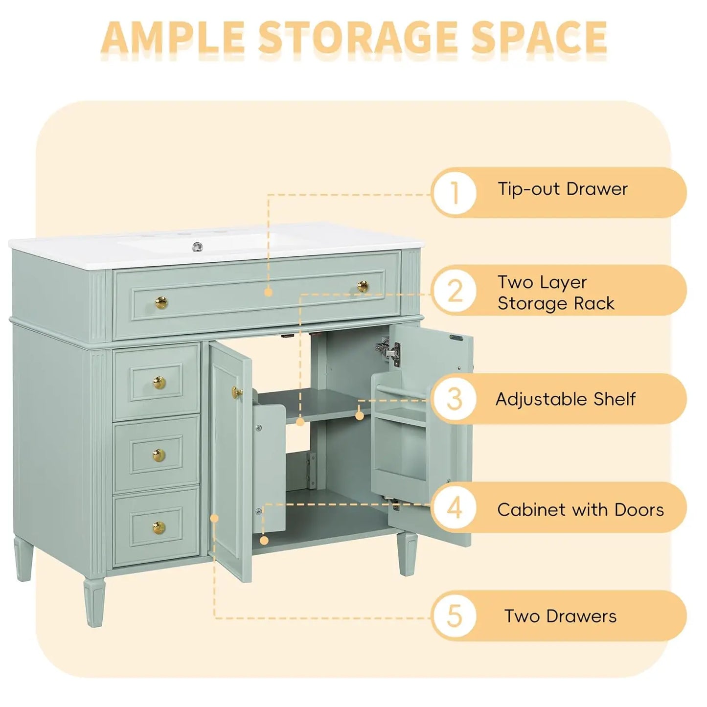 Free Standing Modern Bathroom Vanity With Sink And Tip-Out Drawer