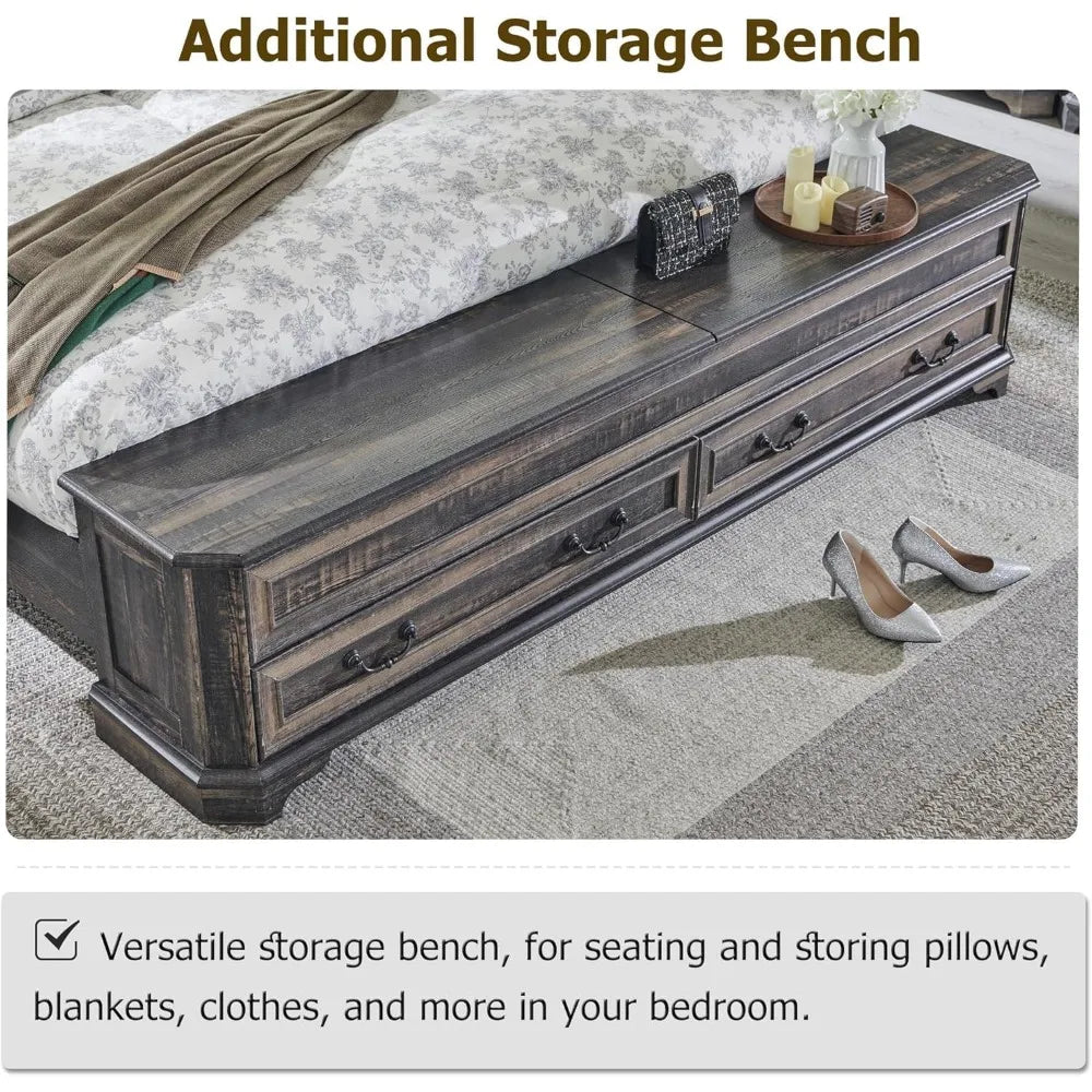 Farmhouse King Bed with Headboard and Storage Bench