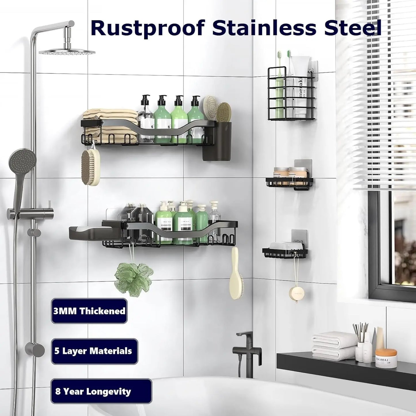 Rustproof Stainless Steel Shower Caddy Seven Pack Wall Organizer