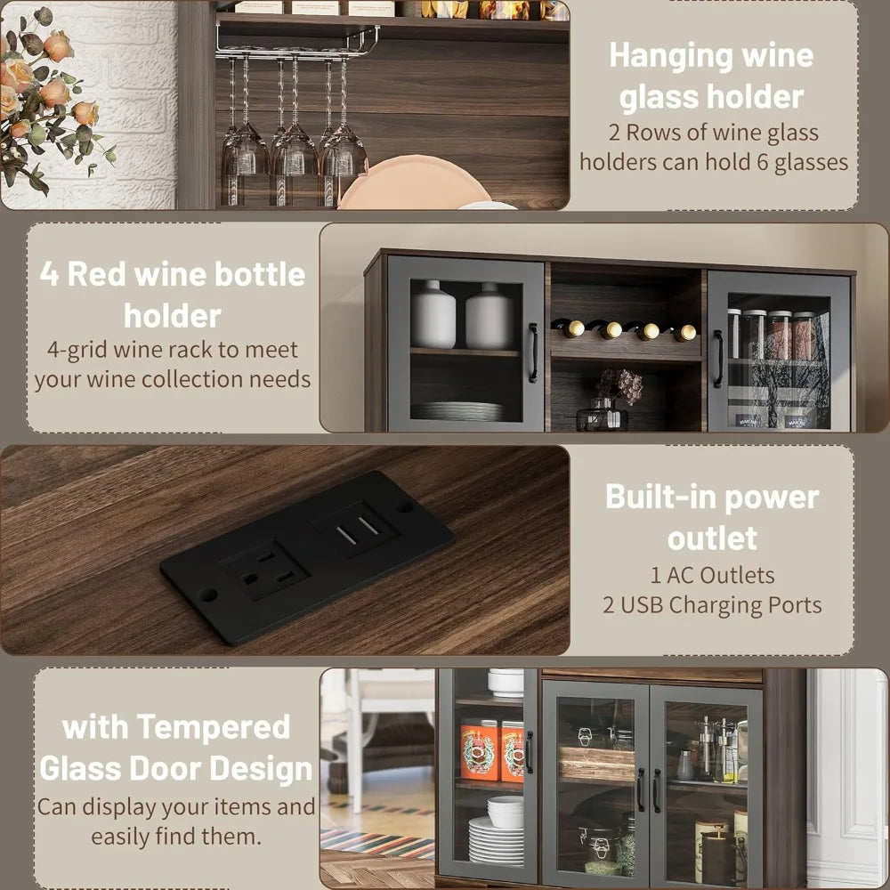 Coffee Bar Storage Cabinet With Charging Station And LED Lights
