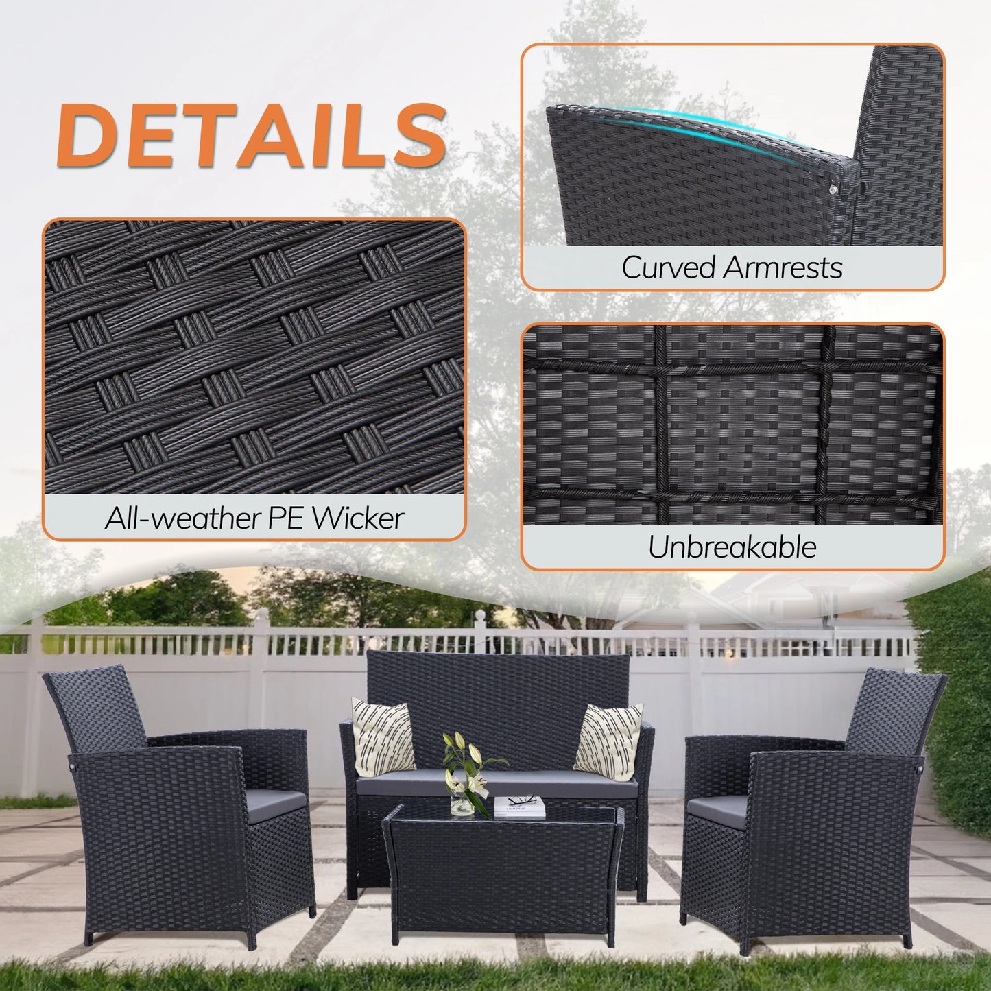 SEOGWISAM Outdoor 4 Piece Rattan Sectional Sofa Set