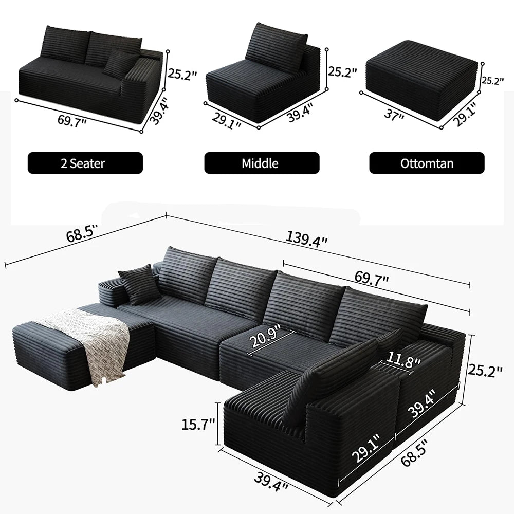 YQXH Cloud Style Corduroy Covered Sectional Sofa U Shaped