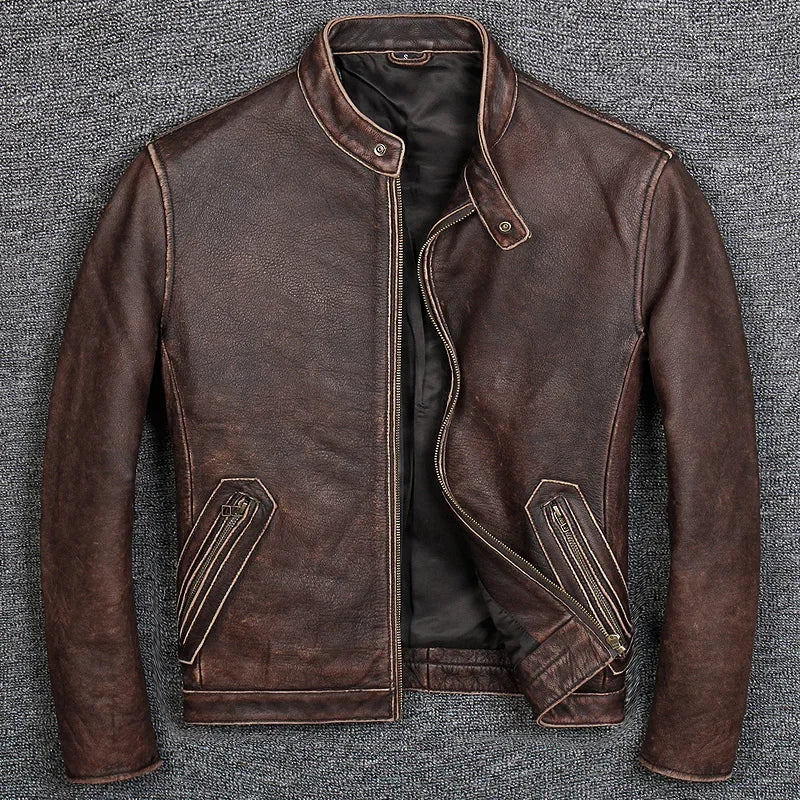 Genuine Leather Vintage Thin Sheepskin  or Thick Cowhide Coat For Men