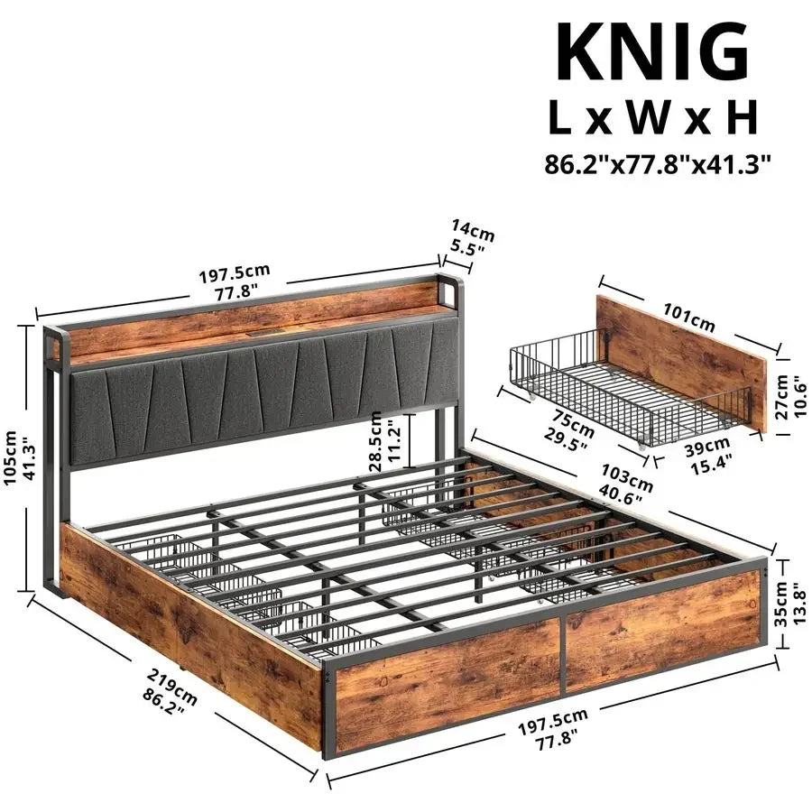 King Platform Bed Frame With 4 Storage Drawers And Headboard